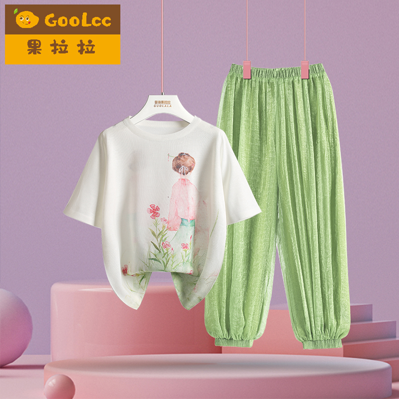 果拉拉女童夏季新款印画短袖灯笼裤套装小女孩时尚短袖长裤两件套