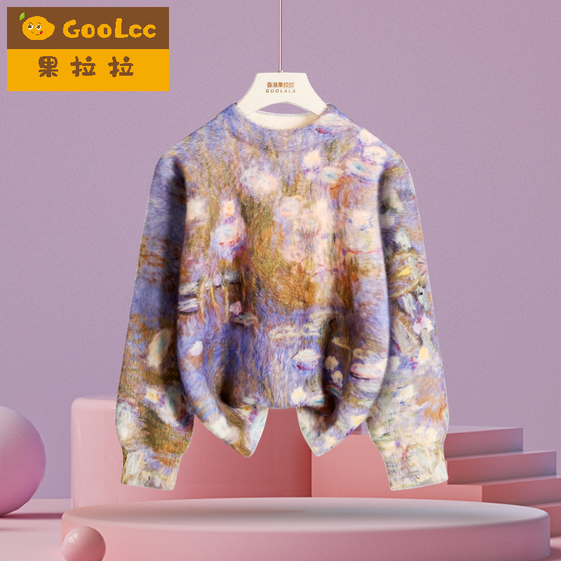 果拉拉印花水貂绒针织毛衣