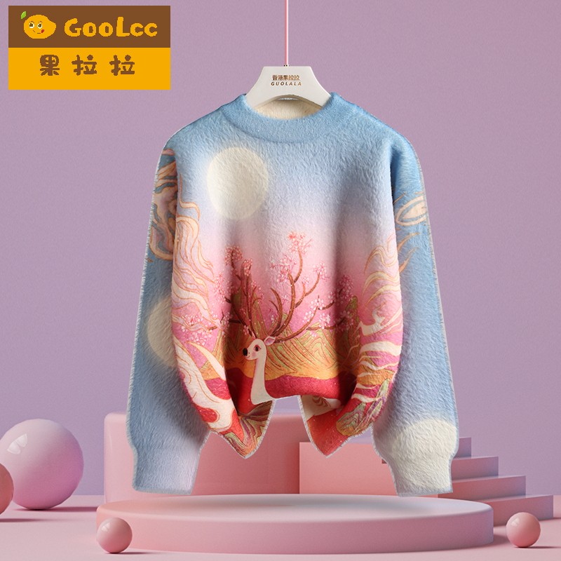 彩绘麋鹿圣诞女童保暖上衣加绒加厚水貂绒毛衣2026冬新款打底衫
