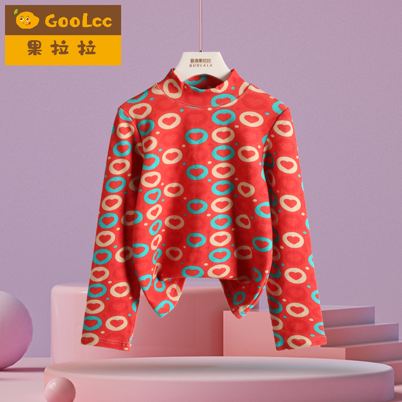 彩绘A类加厚纯棉磨毛羊绒女童打底衫女宝宝内搭秋冬保暖高领上衣