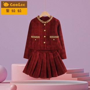 小香风红色女童套装 儿童加厚夹棉千金拜年服过年衣 裙子2025冬新款