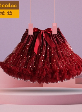 女童tutu裙子红色星星网纱蓬蓬短裙半身裙女宝宝公主生日裙拜年服