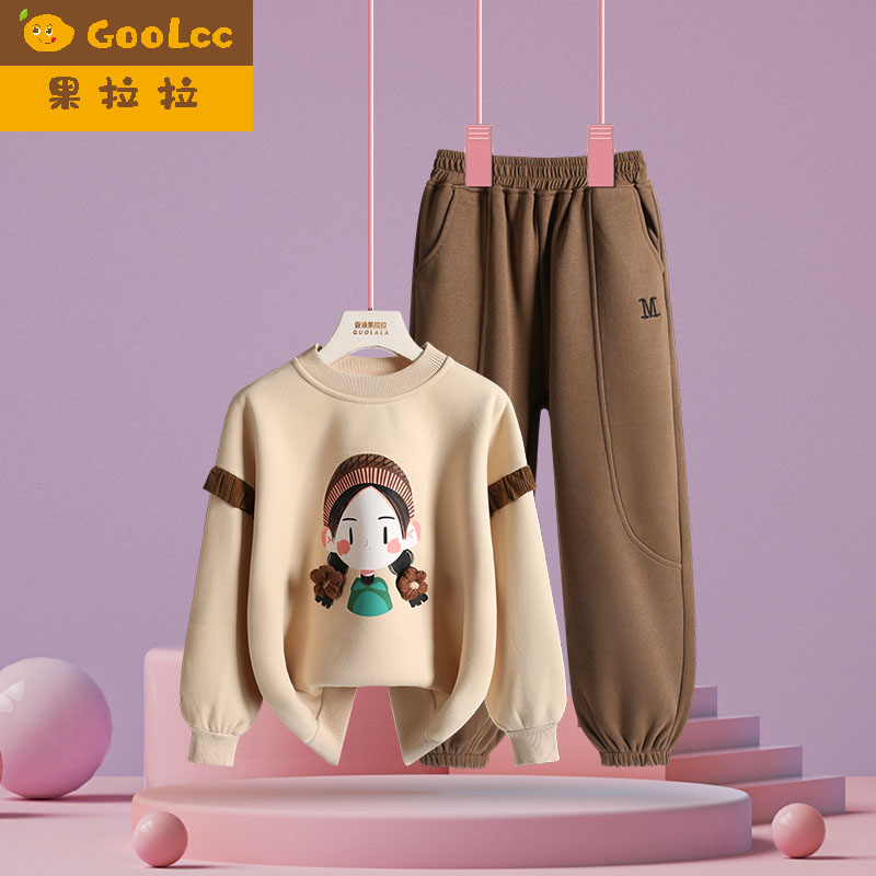 儿童中大童加绒加厚卫衣两件套女宝2025秋冬季新款女童运动服套装