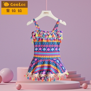 泳衣 儿童泳衣女宝宝可爱复古民族风女中小童连体裙式 2025夏季 新款