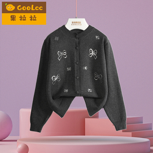 女童毛衣秋冬季新款儿童洋气外套初高中学生加厚保暖短款针织开衫