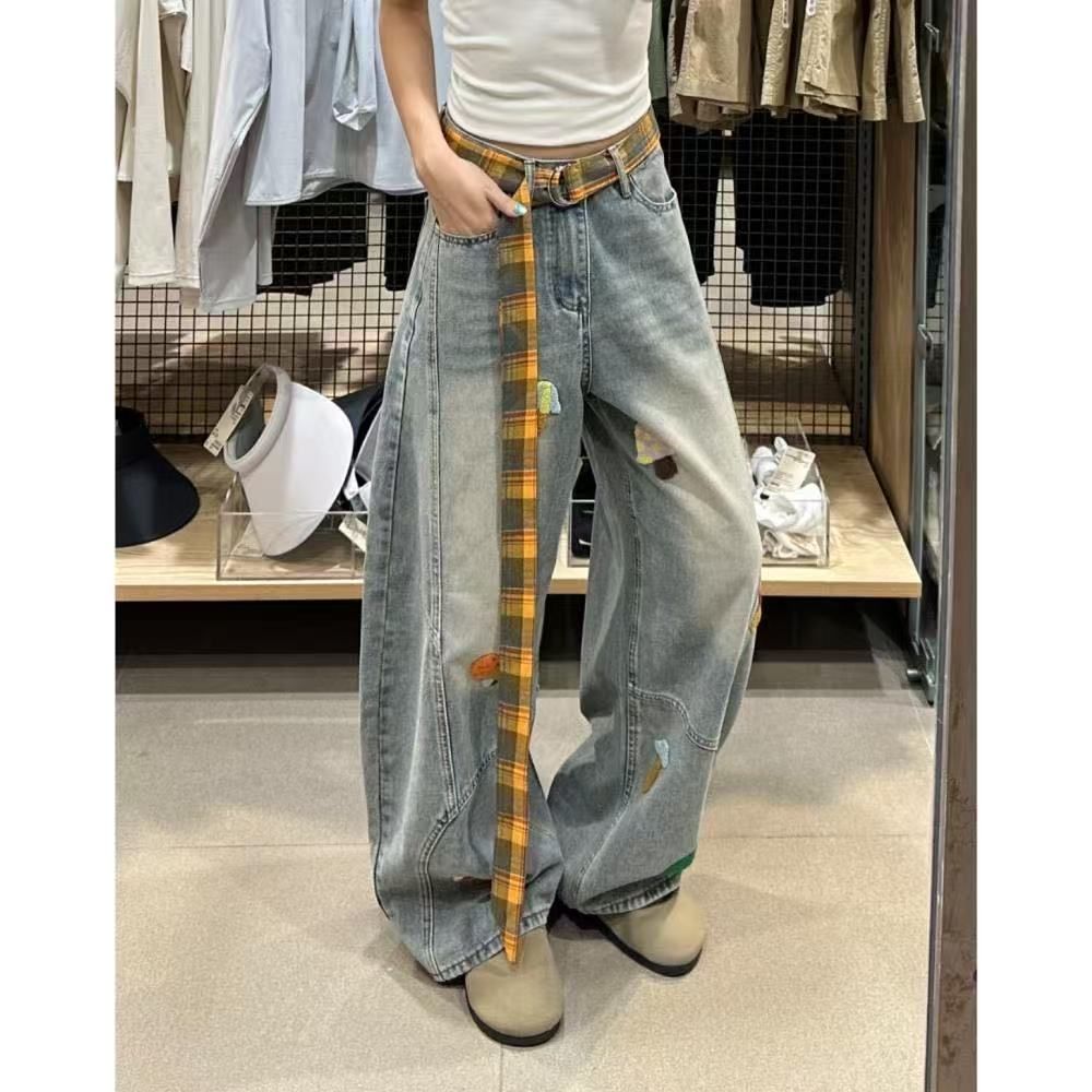 送腰带美式复古卡通刺绣弯刀牛仔裤女高腰款式百搭显瘦设计感阔腿