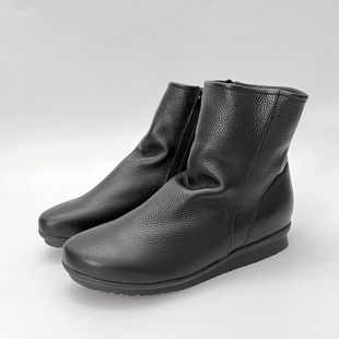 柜雅氏短靴女真皮加厚绒里柔软舒适保暖雪地靴平底棉鞋 宽楦妈妈靴