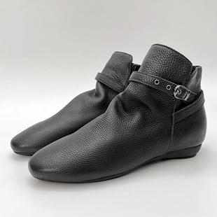 柜雅氏短靴女真皮低跟柔软舒适皮带扣加绒妈妈靴软皮软底保暖靴子
