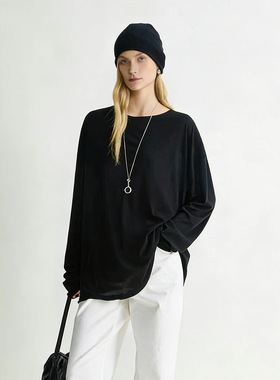 同源纯棉极简卷边长袖面膜T恤女26春夏休闲垂感打底上衣