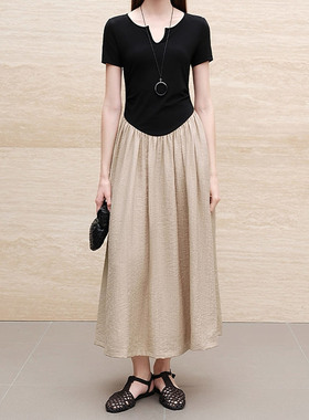 法式撞色拼接网纱短袖连衣裙女26ss春夏高级感收腰显瘦大裙摆长裙