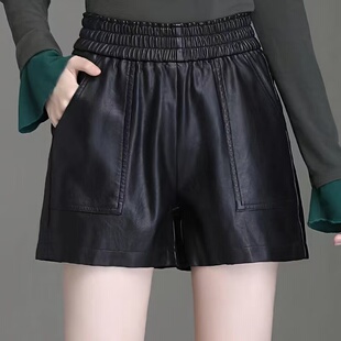 阔腿a字胯大粗腿靴裤 200斤胖妹妹松紧腰皮裤 女秋冬大码 洋气皮短裤