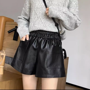 加肥大码女装pu皮短裤女胖mm秋冬新款时尚百搭显瘦阔腿裤靴皮裤女