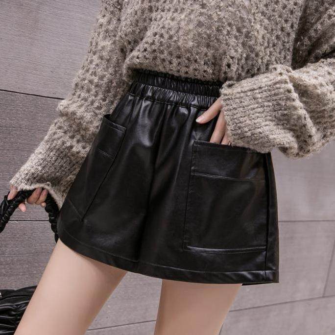 高腰大码韩版短裤女装pu皮裤