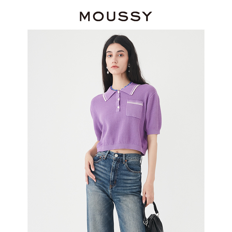 MOUSSY 夏季新品学院风短款休闲POLO领短袖针织衫女010GSL70-0440 女装/女士精品 毛针织衫 原图主图