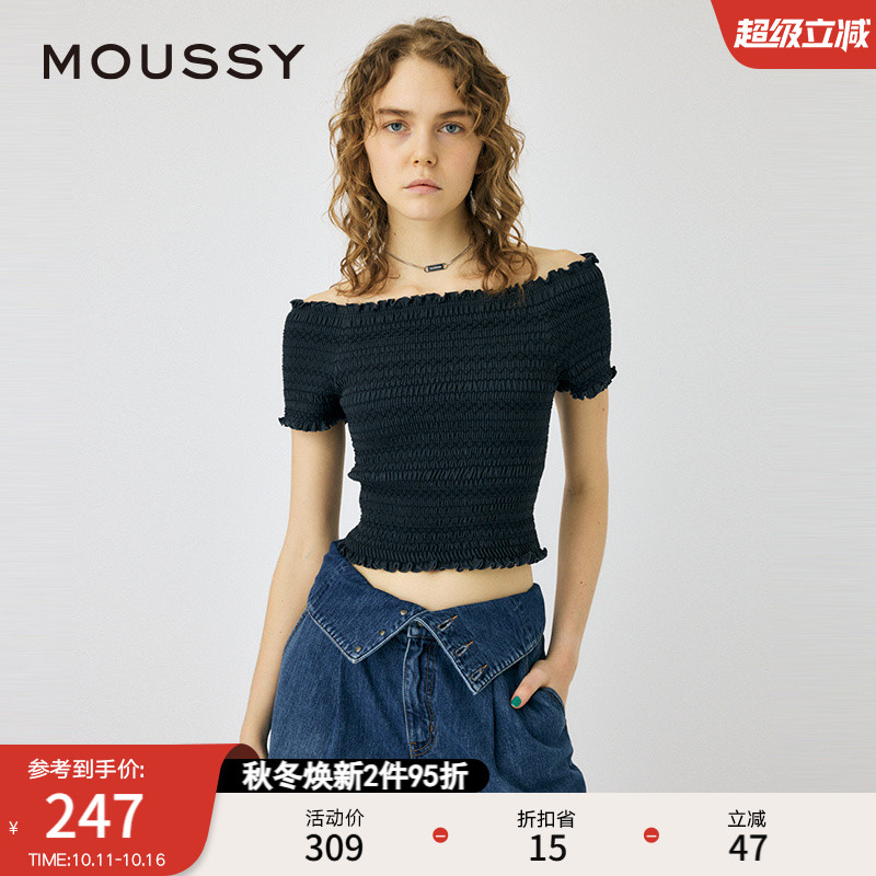MOUSSY甜美日系荷叶边一字领上衣