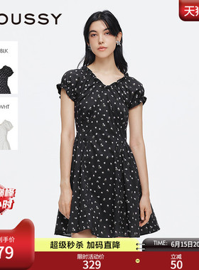 MOUSSY春季新品甜美风花边V领泡泡袖碎花连衣裙028ISA33-3951