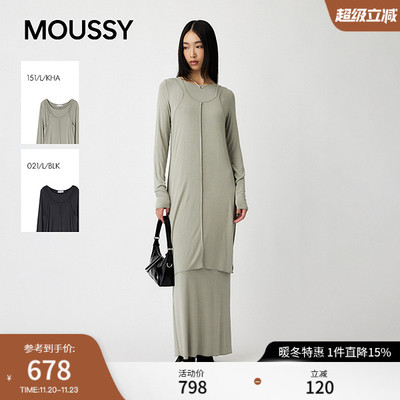 MOUSSY 2025秋季新品纯色开叉针织两件套长袖连衣裙010IA183-4611