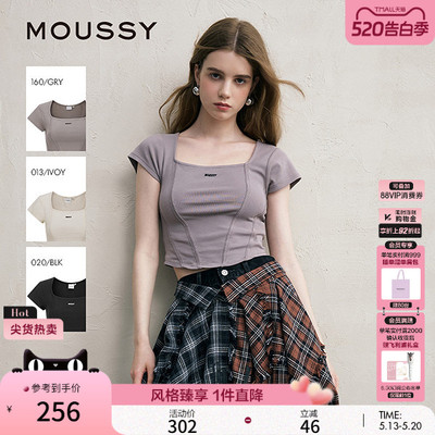 MOUSSY 早春新款方领修身LOGO短袖T恤小上衣女028ISZ90-3081