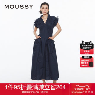 MOUSSY 2024夏季新品优雅度假风V领大口袋连衣裙女028HS930-0071