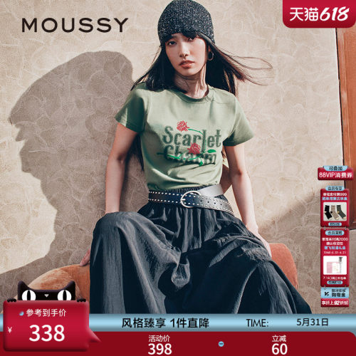 MOUSSY早春休闲风字母玫瑰印花圆领短袖T恤028IAA90-0671