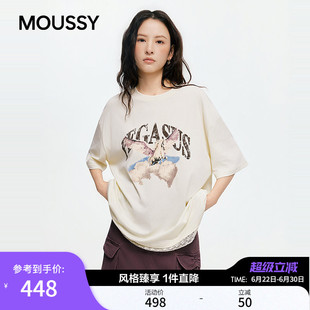 MOUSSY2026夏季新品美式复古风蕾丝拼接飞马印花T恤028JSA90-1095