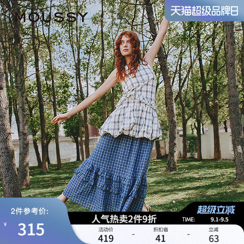 MOUSSY 夏季新品甜美复古格纹荷叶边吊带连衣裙028ISA33-4021
