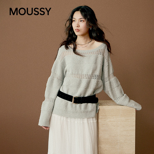 MOUSSY 秋季新品温柔慵懒风镂空拼接长袖针织衫028IAA70-0331