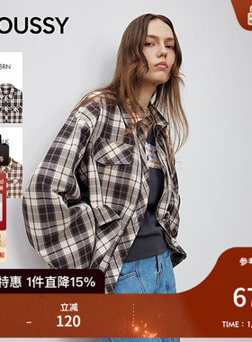 MOUSSY 2025甜酷风抽褶系带收口复古格子长袖衬衫女028ISA30-1004