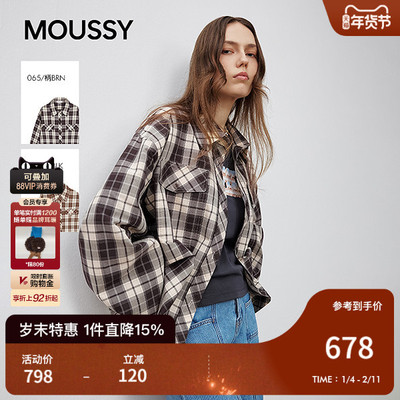 MOUSSY 甜酷风抽褶系带收口复古格子长袖衬衫女028ISA30-1004