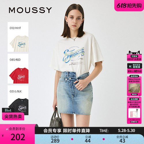 MOUSSY夏季新品休闲风字母印花宽松圆领短袖T恤010IS290-9391