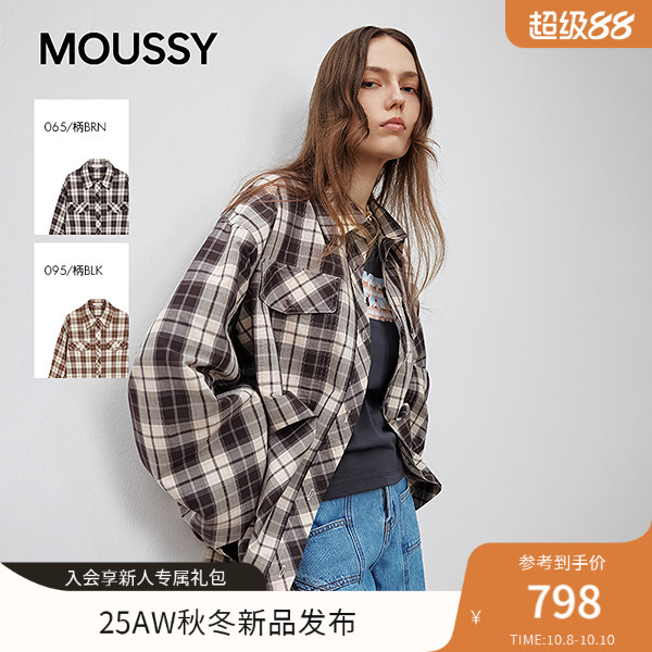 MOUSSY 2025甜酷风抽褶系带收口复古格子长袖衬衫女028ISA30-1004