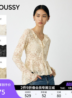 MOUSSY春季新品甜美风蕾丝花纹长袖V领针织衫010IA280-4491