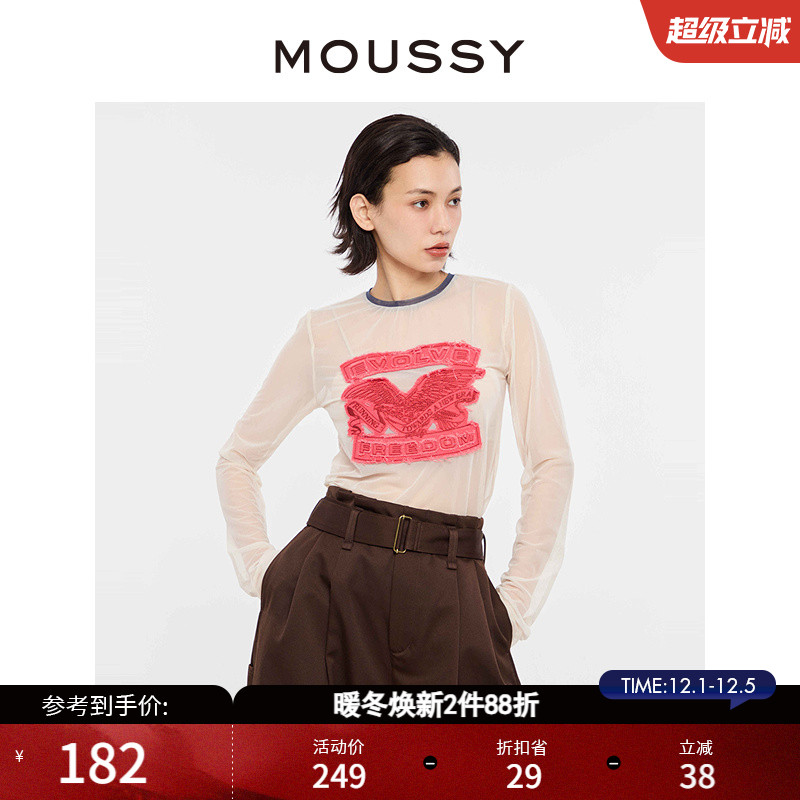 MOUSSY甜辣Y2K牛仔贴布透视T恤