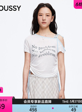 MOUSSY2026夏季新品纯欲甜辣风斜肩撞色系带印花T恤028JSA90-1069