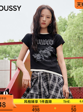 MOUSSY2026夏季新品美式复古辣妹风不对称印花T恤女028JSZ90-1082