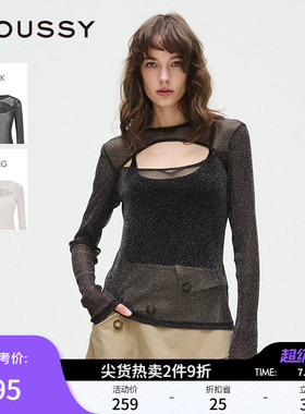 MOUSSY 春季新品辣妹网纱透视细闪镂空修身上衣028ISA80-2141