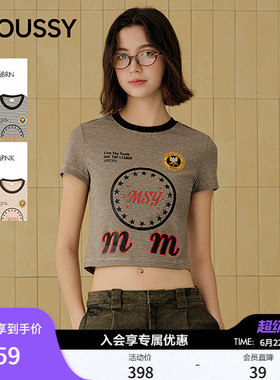 MOUSSY2026夏新品复古美式辣妹风撞色条纹印花T恤女028JSA90-1070