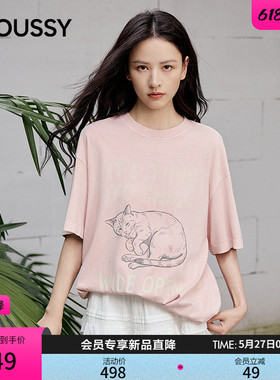 MOUSSY2026夏季新品甜系休闲风宽松猫咪印花短袖T恤028JSA90-1073