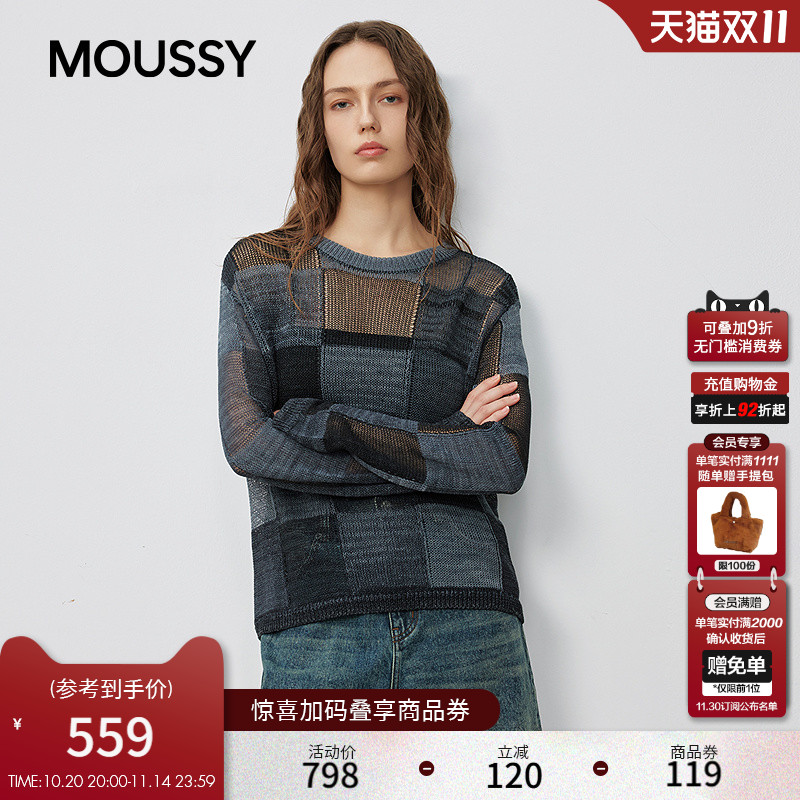 MOUSSY2025秋季新品复古休闲风撞色拼接毛针织衫女028IAC70-1037