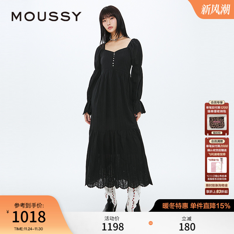 MOUSSY 2025春季新品法式田园风泡泡袖长款连衣裙女028IS730-1561