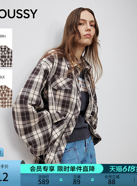 MOUSSY 甜酷风抽褶系带收口复古格子长袖衬衫女028ISA30-1004