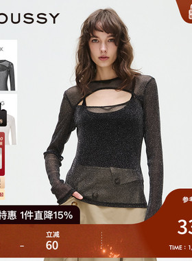 MOUSSY 2025春季新品辣妹网纱透视细闪镂空修身上衣028ISA80-2141