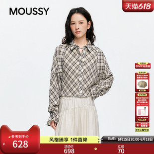 MOUSSY26夏季新品甜酷辣妹风抽绳短款长袖格纹衬衫028JSZ30-1088