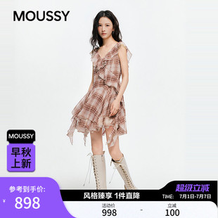 MOUSSY 2026夏季新品甜酷风不规则格纹荷叶边连衣裙028JSZ33-1021