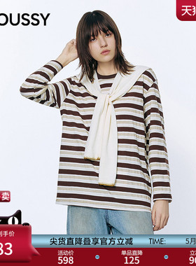 MOUSSY2026春季新品韩系温柔风系带条纹撞色长袖T恤028JSC90-1057