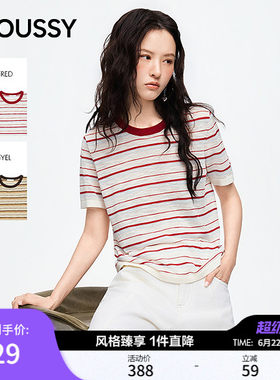MOUSSY2026夏季新品复古风条纹撞色休闲圆领短袖T恤028JSC90-1091