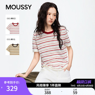 MOUSSY2026夏季新品复古风条纹撞色休闲圆领短袖T恤028JSC90-1091