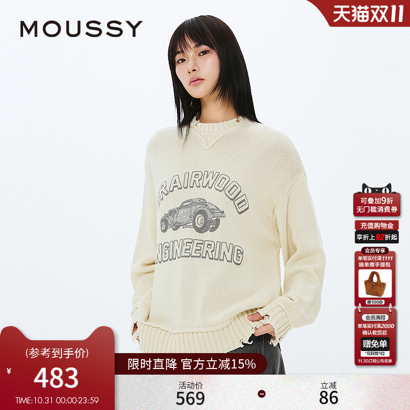 MOUSSY 2025春季新品复古小汽车图案印花针织毛衣女010ISQ70-4361