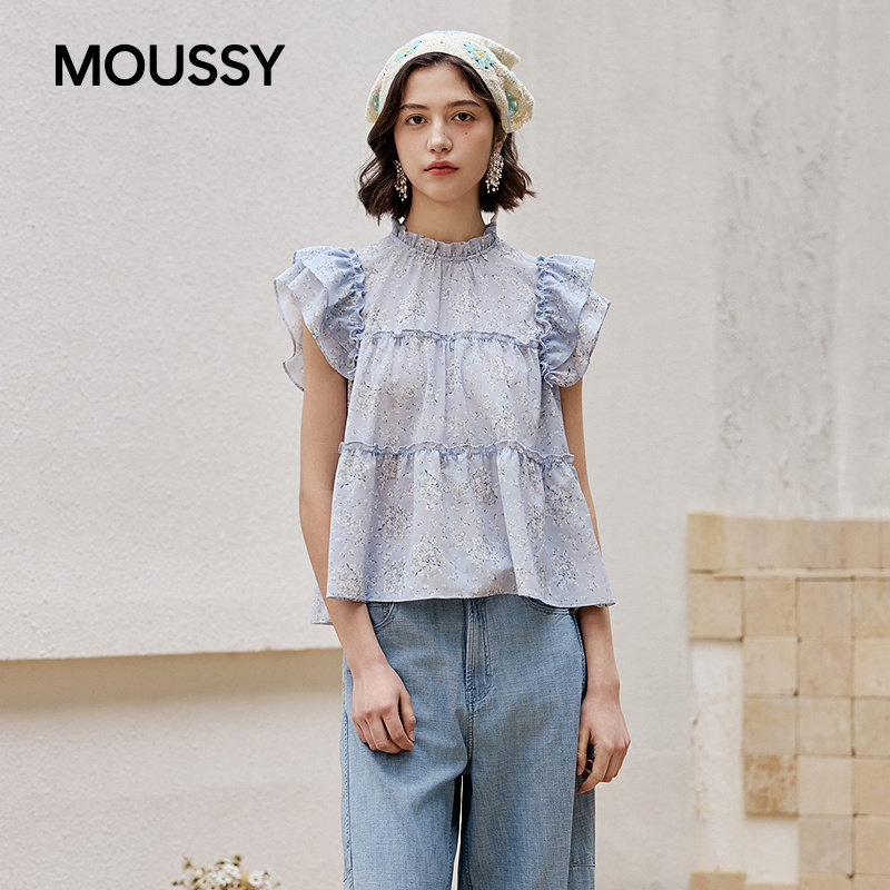 MOUSSY 2026夏季新品法式甜美木耳边立领飞飞袖衬衫028JSC30-1092