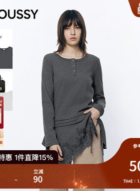 MOUSSY 2026早春新品蕾丝拼接亨利领不规则长袖T恤028IAA80-1021